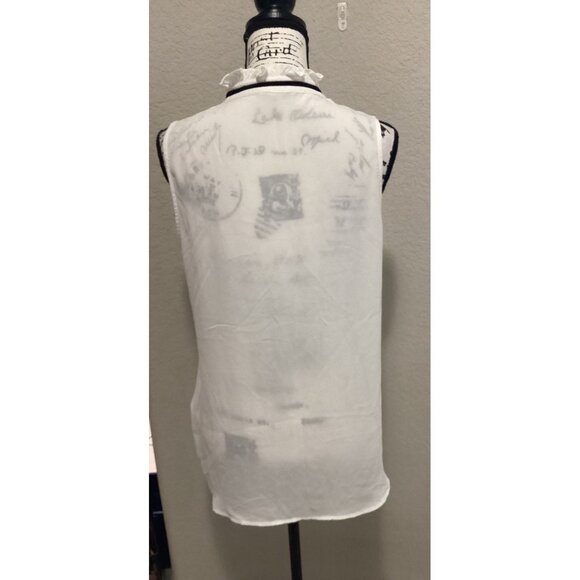 Pleione White Sleeveless Button-Down Blouse W/Ruffle Trim & Black Ribbon - Picture 4 of 5